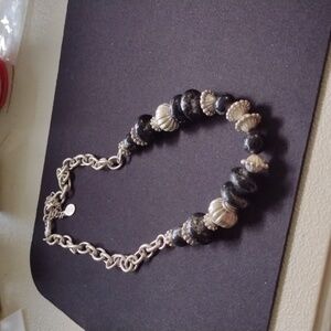 BIJOUX TERNER VINTAGE CHAIN NECKLACE WITH ORNATE SILVERTONE & BLACK BEADS